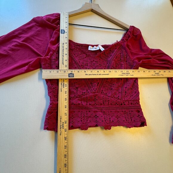 Willow + Root Crochet Cropped Top LG Fuchsia Smocked Sheer Poet Sleeves Romantic - Picture 6 of 10